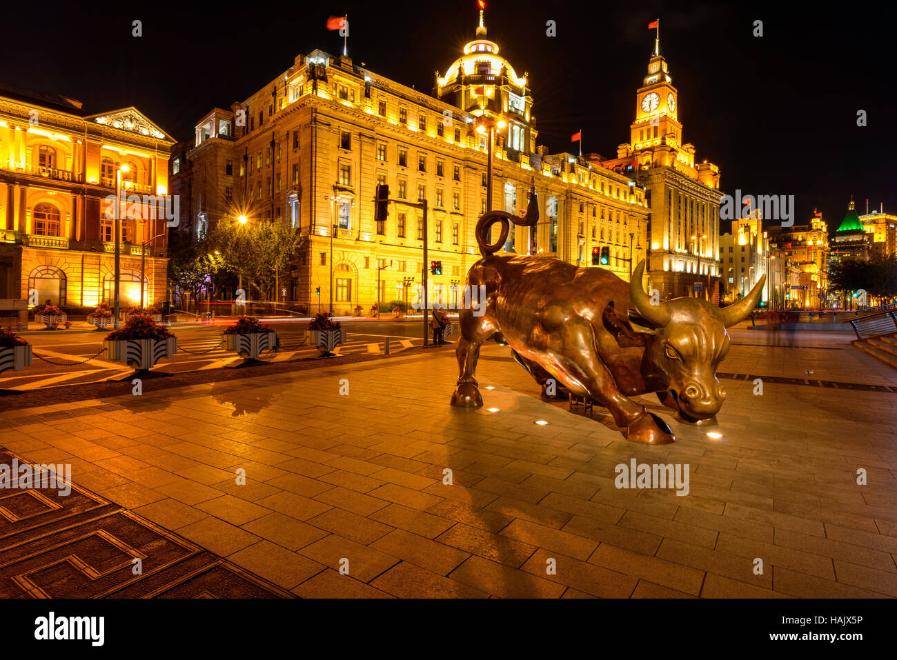 Night View of The Bund - A night street view of the Bund, at west side of Huangpu River, in central Shanghai, China. Stock Photo