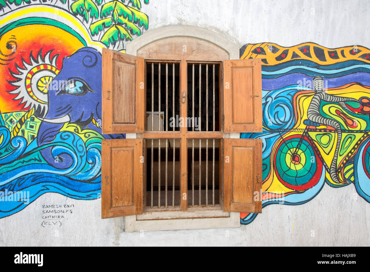 Graffiti, around a window, Kochi, Kerala, India Stock Photo