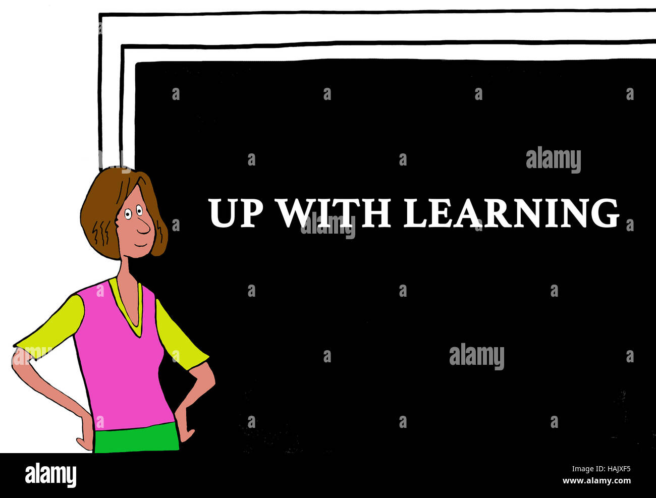 Color education illustration of a teacher and the words 'up with learning' on the blackboard. Stock Photo