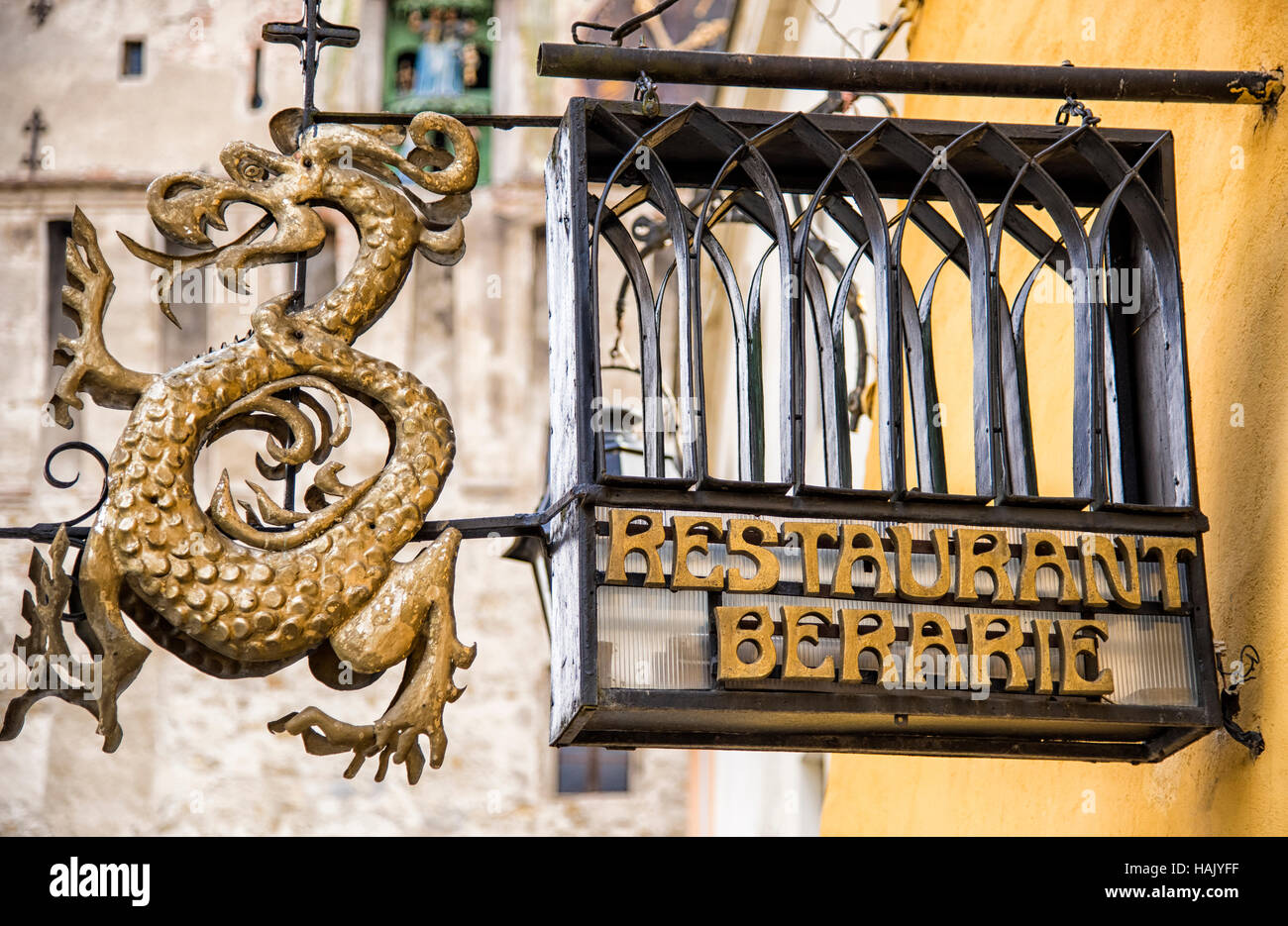 Restaurant “Casa Dracula”, located in the house where Dracula was reputedly born in 1431, Sighisoara, Transylvania, Romania Stock Photo