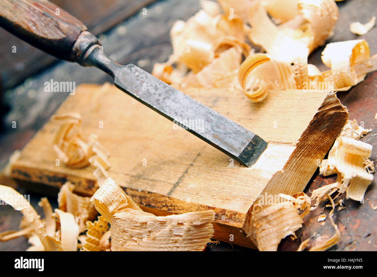 old wood chisel - vintage carpentry woodworking workshop Stock Photo