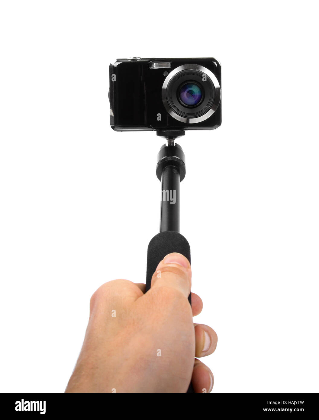 taking selfie - hand hold monopod with photo camera Stock Photo