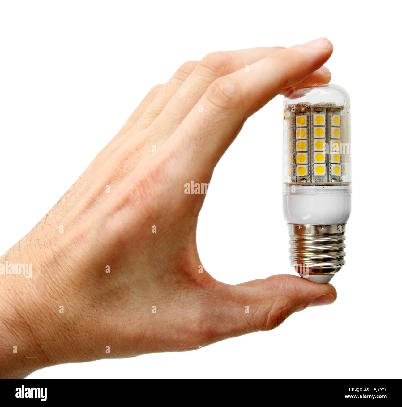 led lightbulb in the hand isolated on white Stock Photo