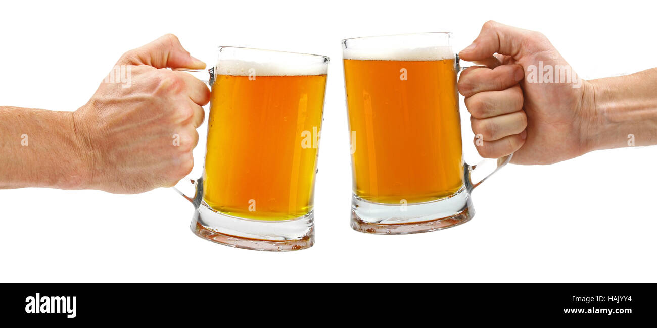cheers, two glass beer mugs isolated on white Stock Photo
