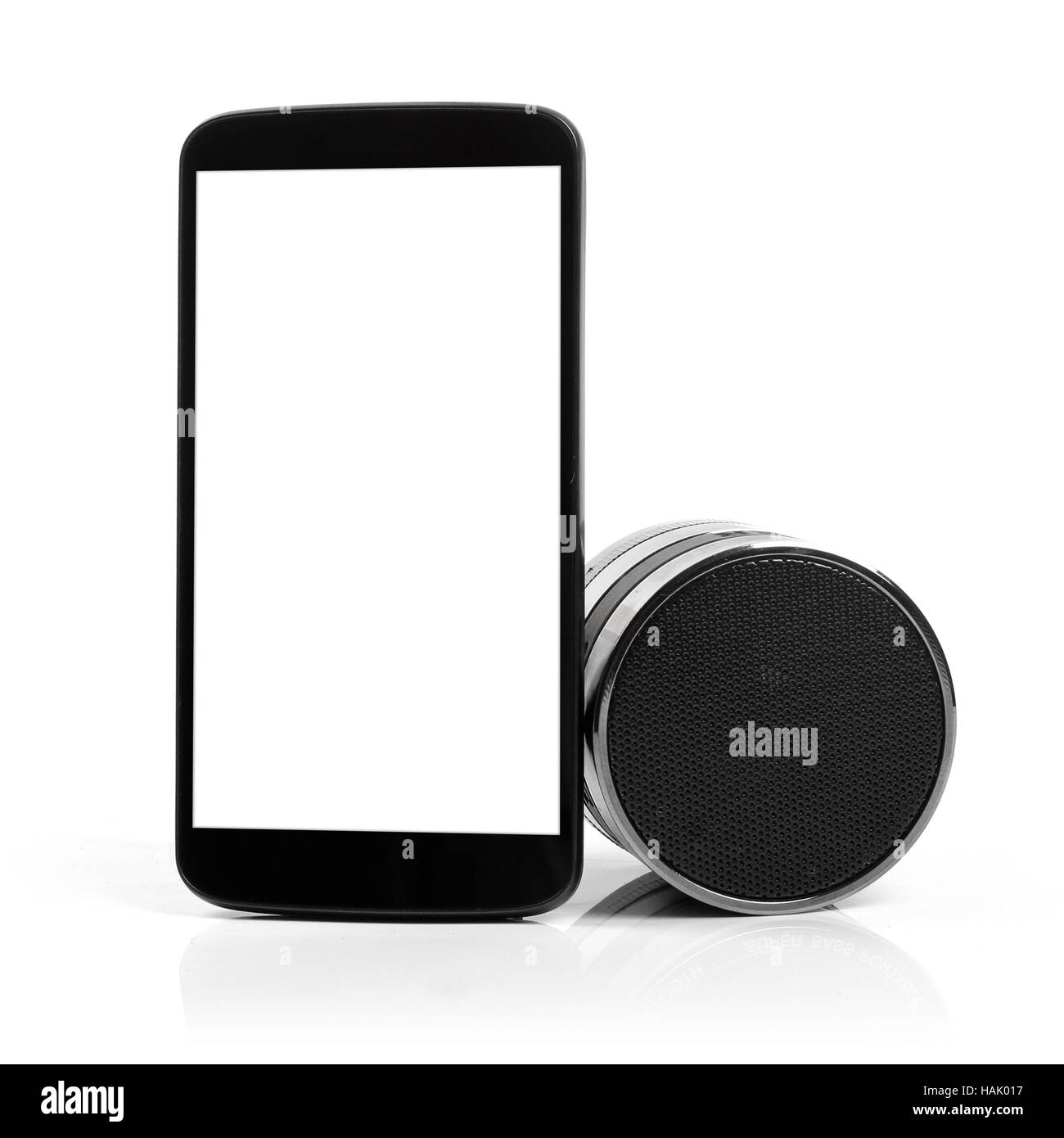 blank mobile phone with bluetooth audio speaker Stock Photo