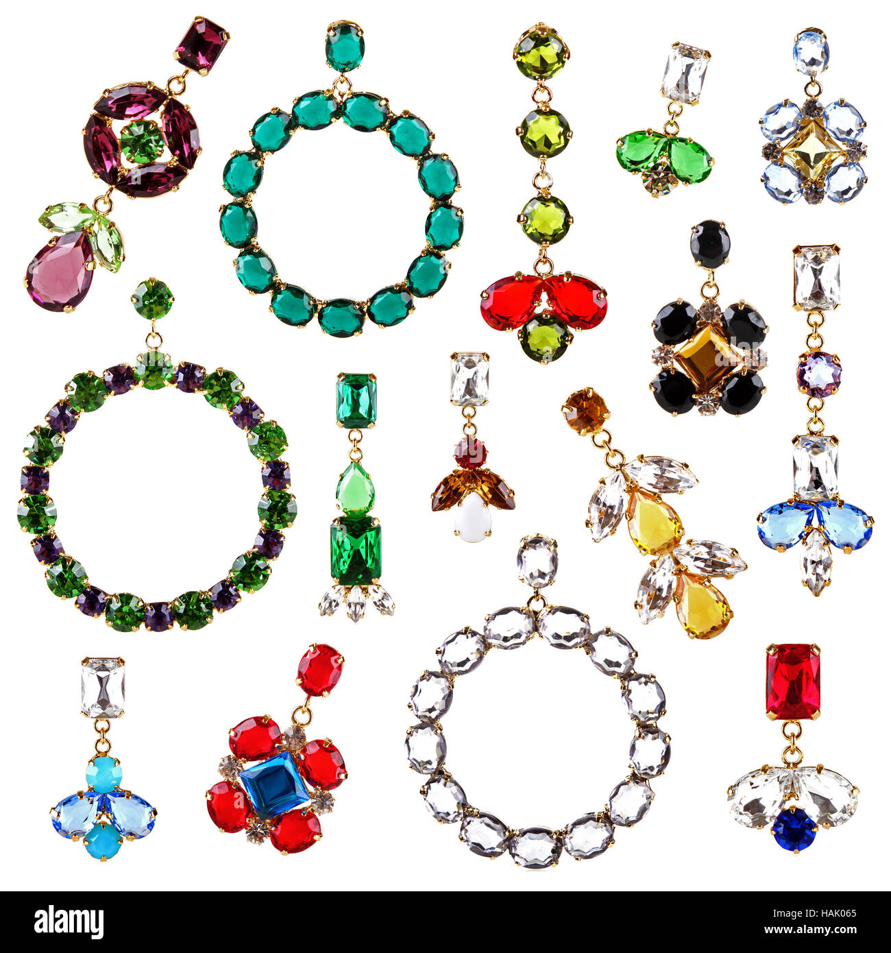 beautiful colorful crystal earrings collection isolated on white Stock Photo