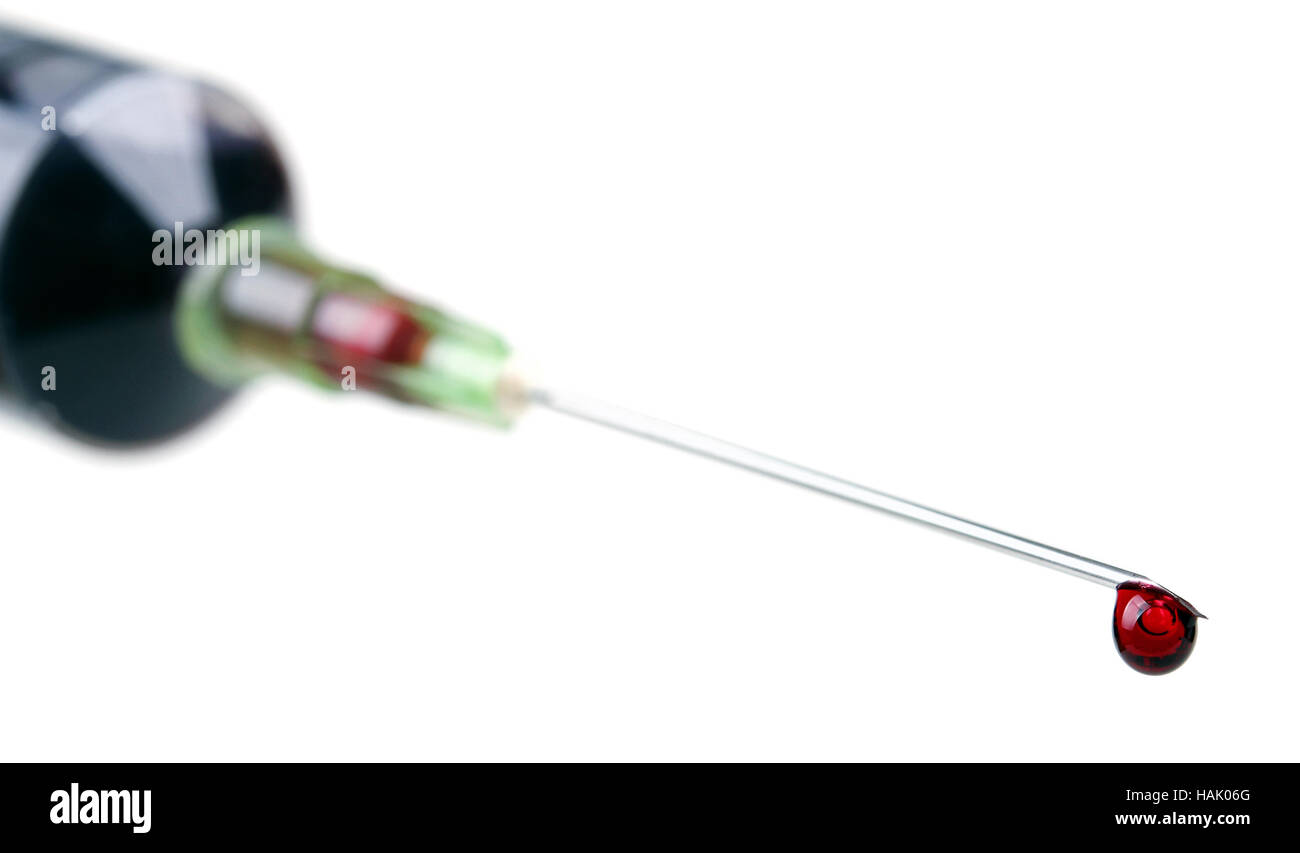 macro shot of medical needle with blood drop Stock Photo