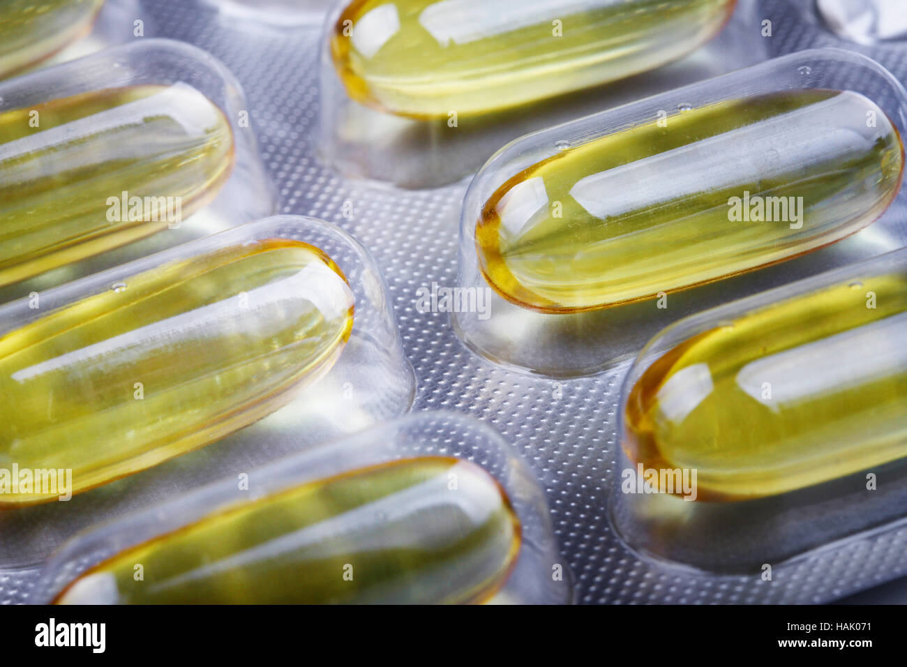 close up of omega 3 fish oil capusles Stock Photo