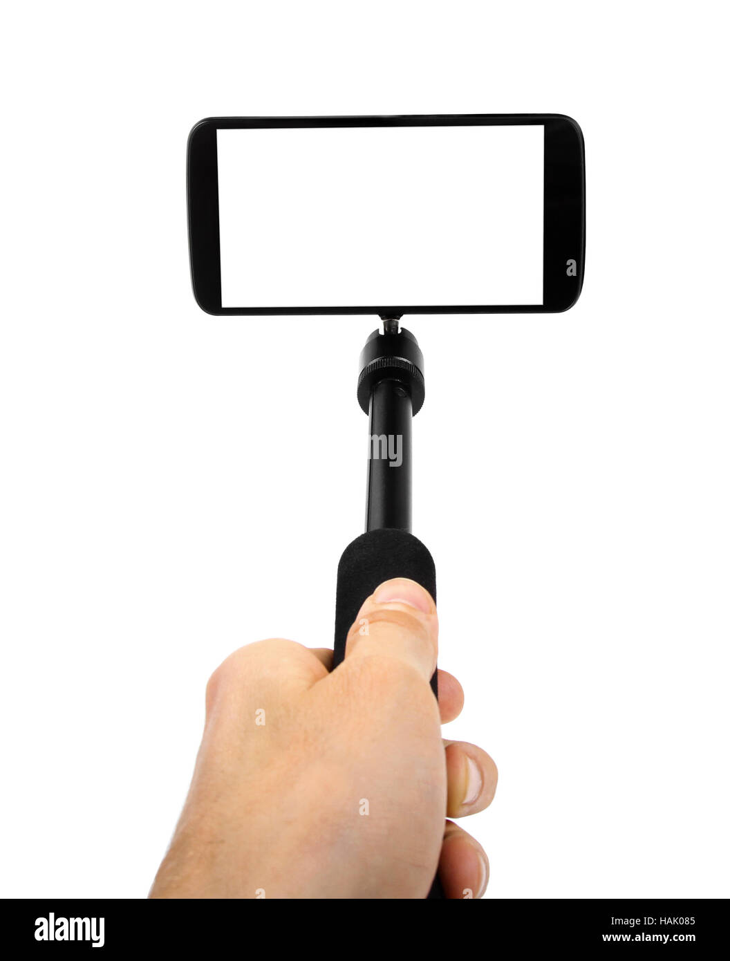 taking selfie - hand hold monopod with mobile phone Stock Photo