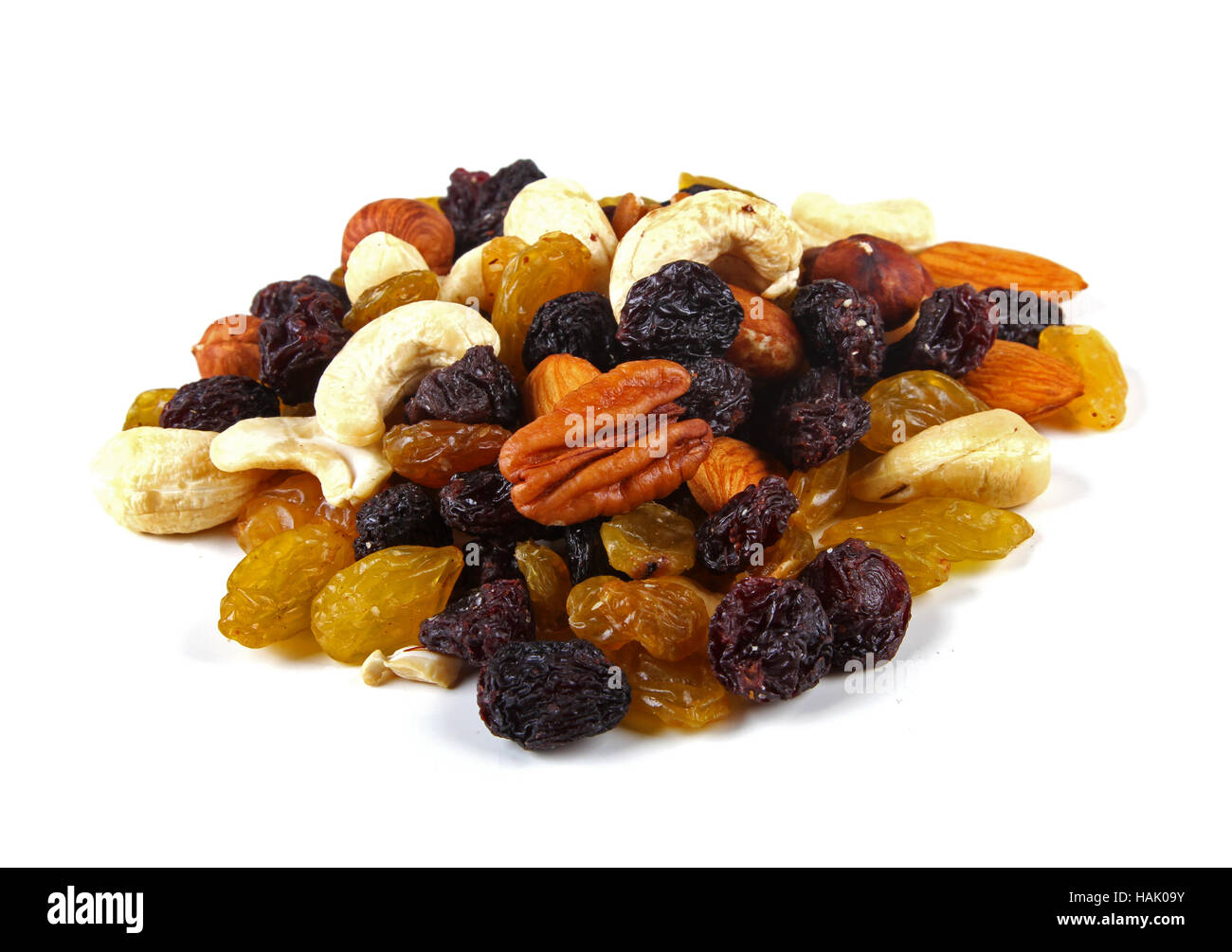 mixed nuts and raisins isolated on white Stock Photo