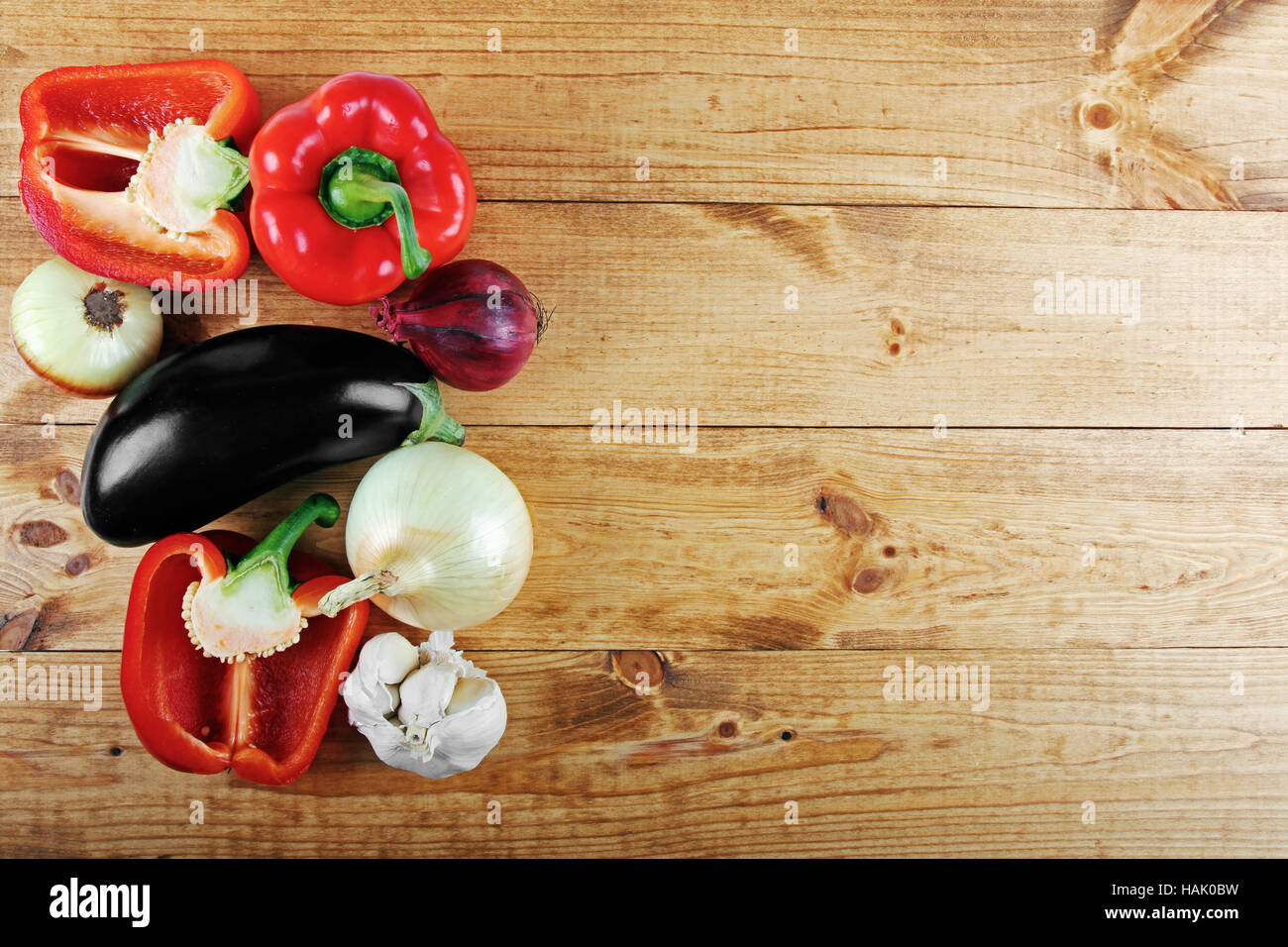 fresh vegetables on wooden table from above with copy space Stock Photo