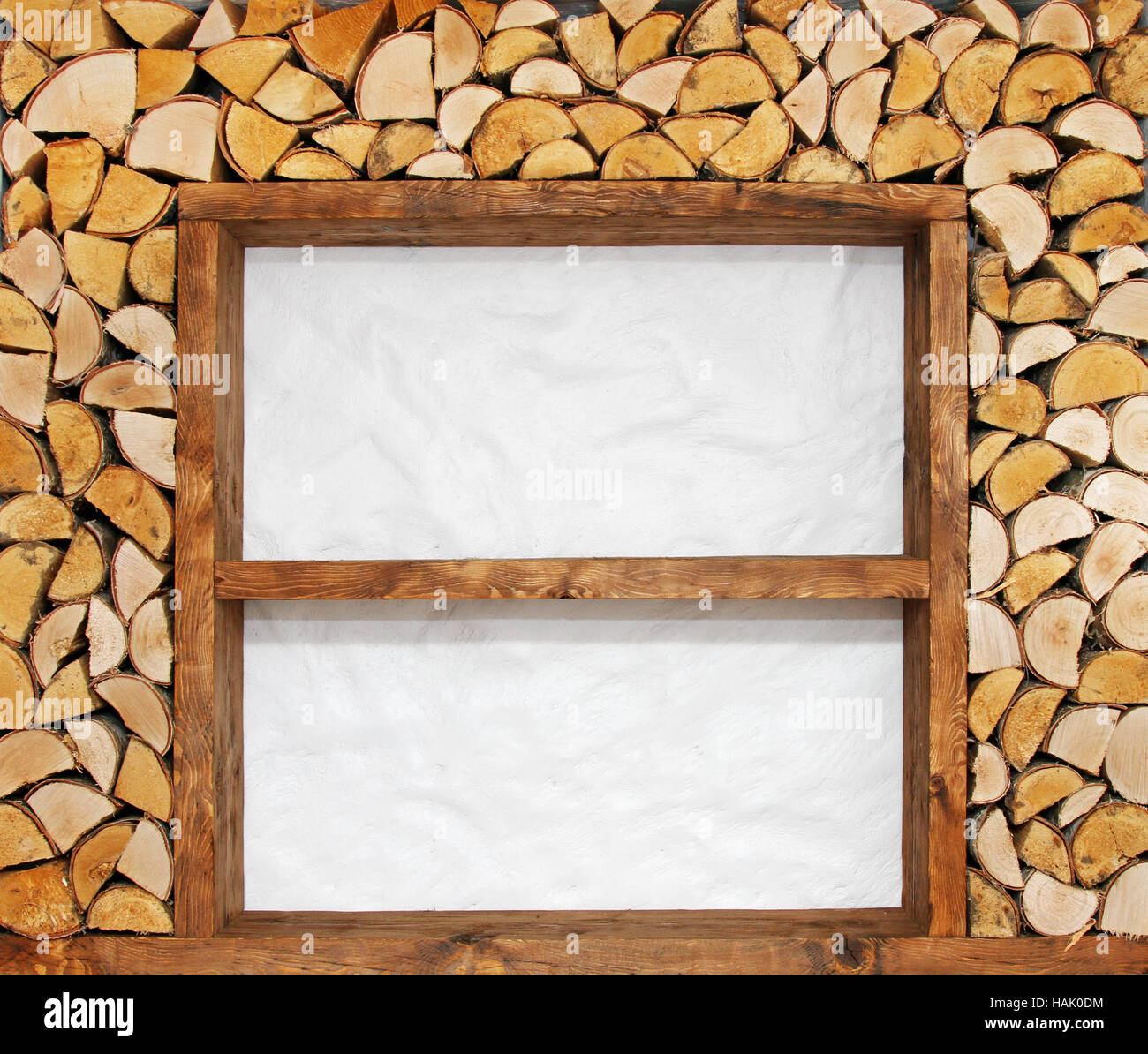 empty wooden shelves with firewood decoration Stock Photo
