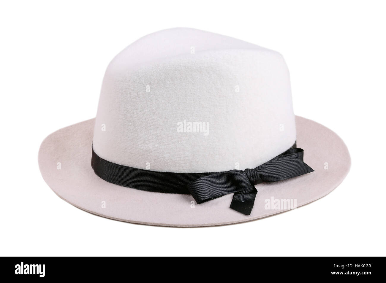 white felt hat with black ribbon isolated on white Stock Photo
