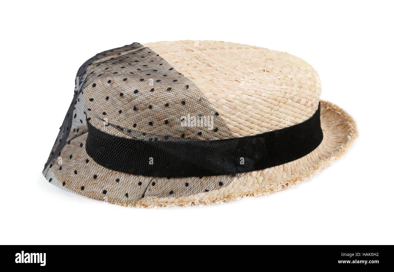 straw hat with black ribbon and lace isolated on white Stock Photo