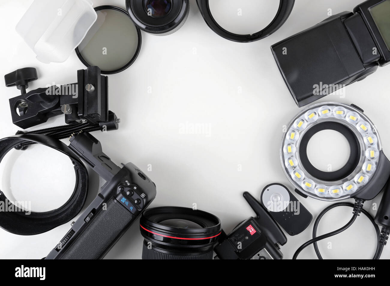 top view of photo lenses and equipment with blank space in the middle Stock Photo