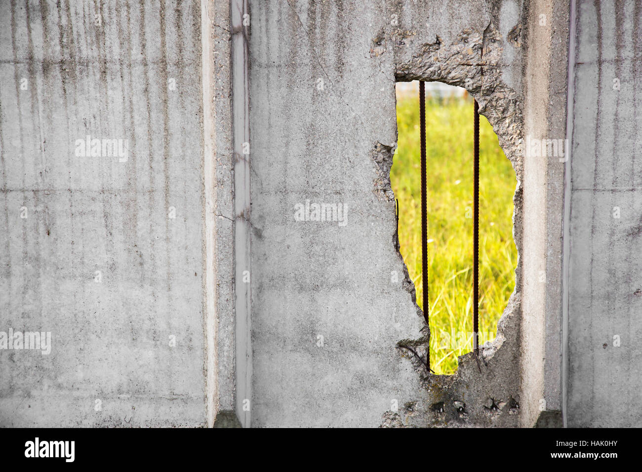 old concrete fence with big hole and green grass behind Stock Photo