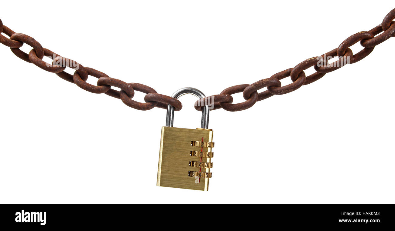 padlock hanging on chain, isolated on white background Stock Photo