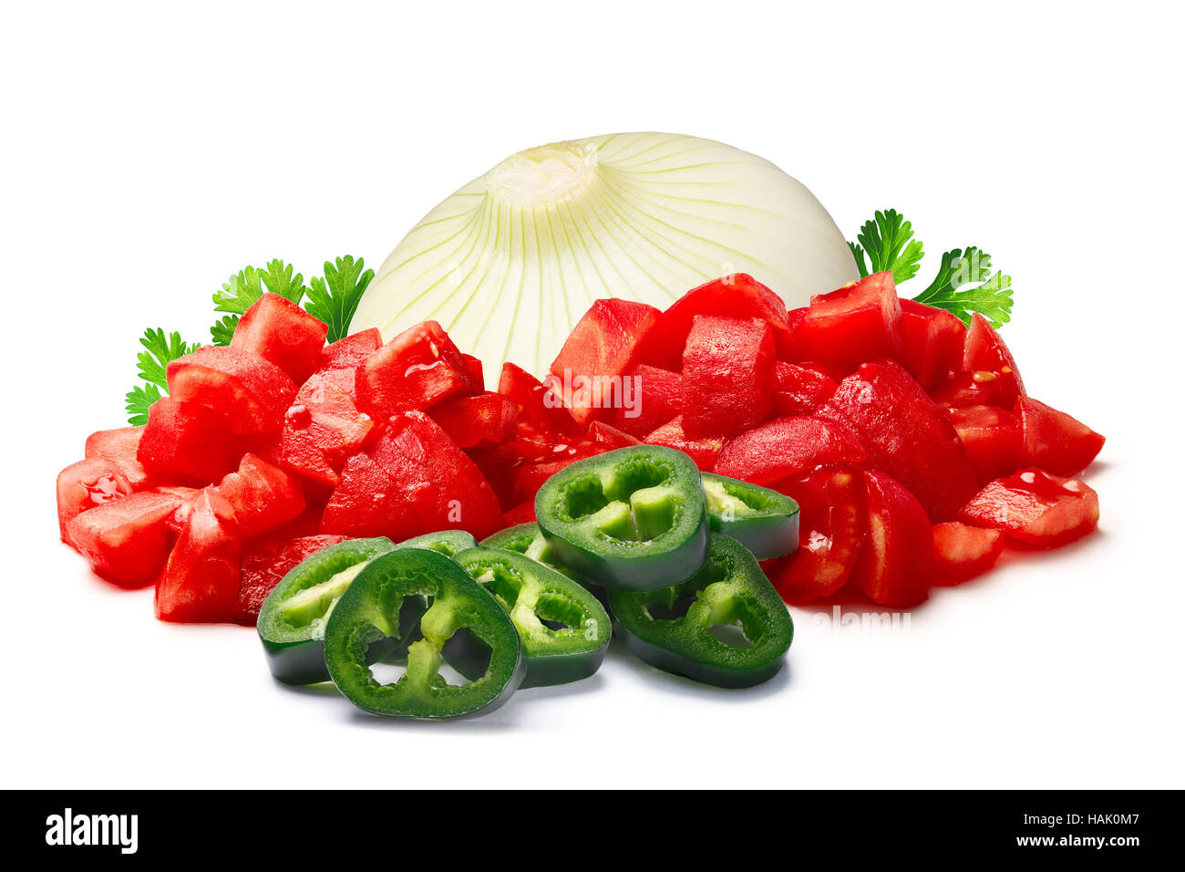 Ingredients for Pico de Gallo, salsa fresca, salsa bandera. Chopped