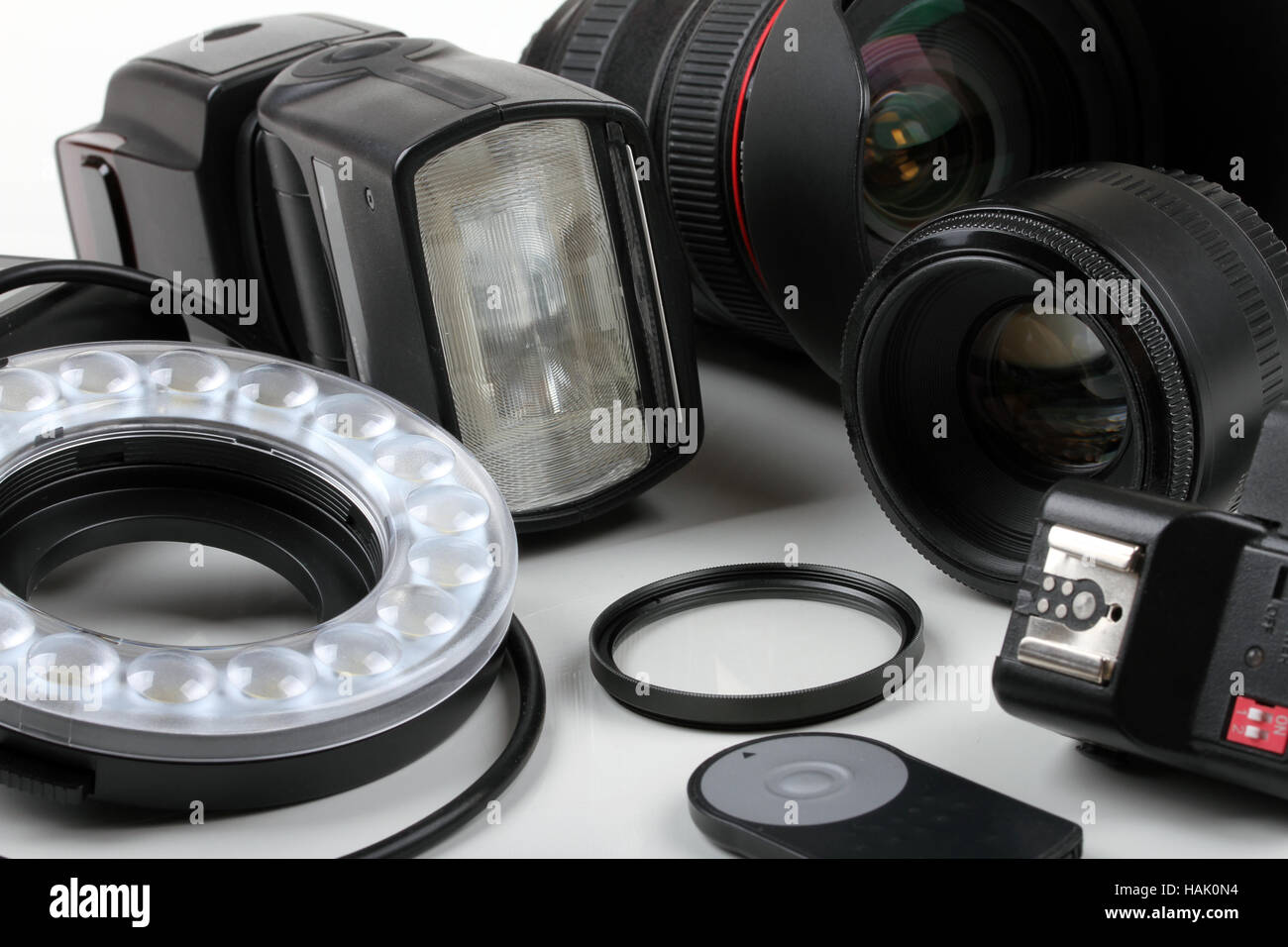 photo lenses and equipment on white background Stock Photo