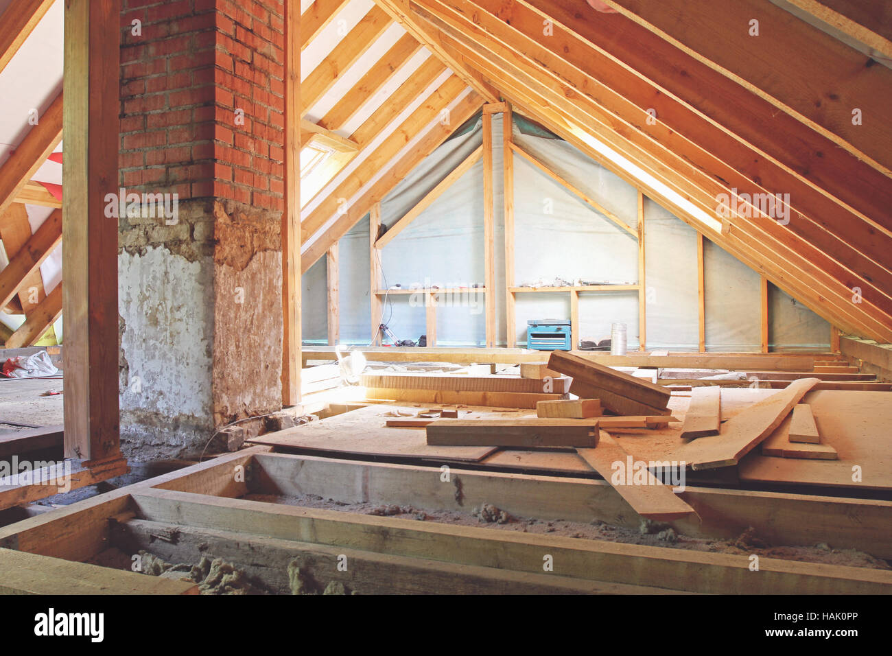 an interior view of a house attic under construction Stock Photo