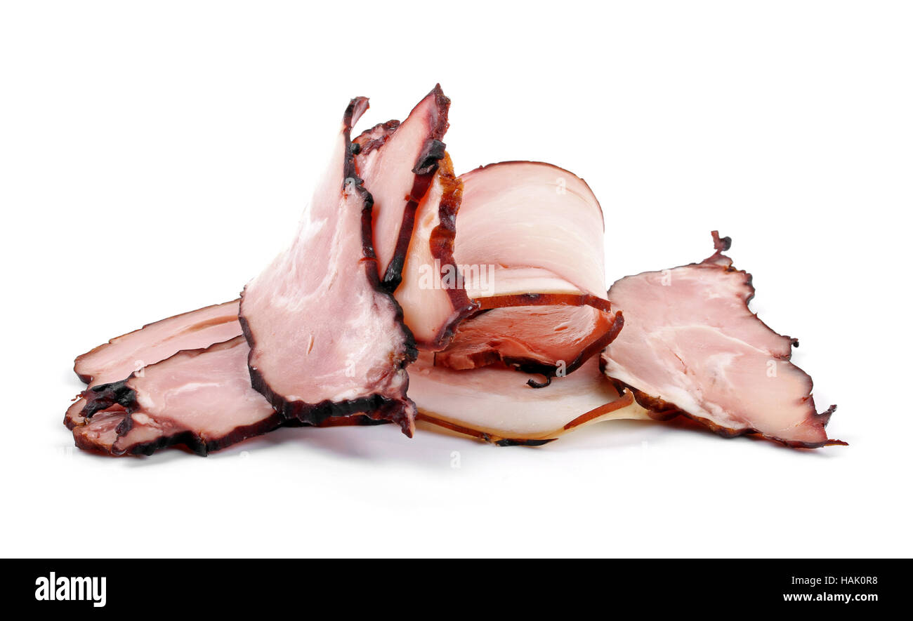 smoked bacon slices isolated on white Stock Photo