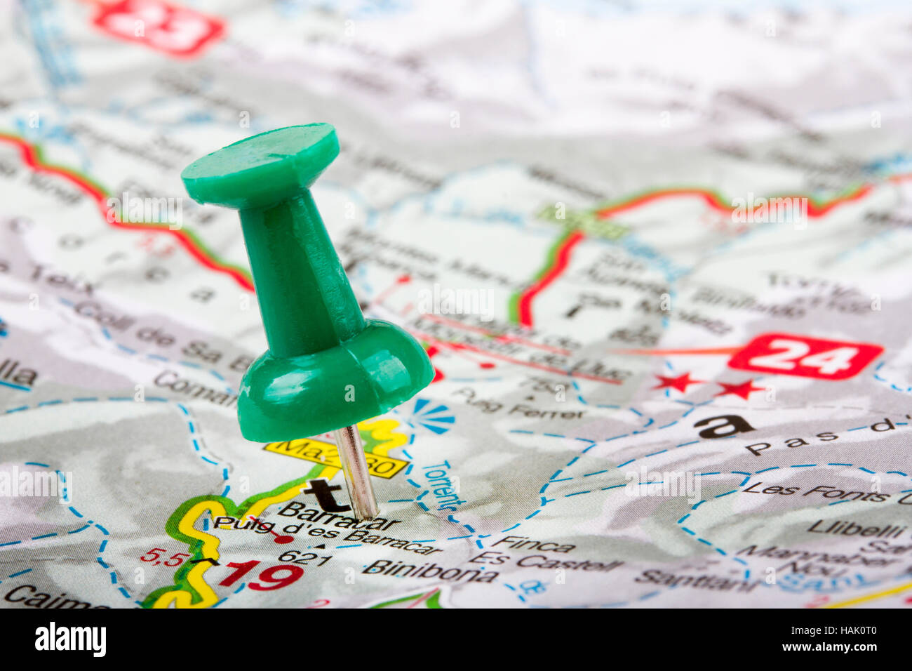 thumbtack in a map. travel destinations Stock Photo
