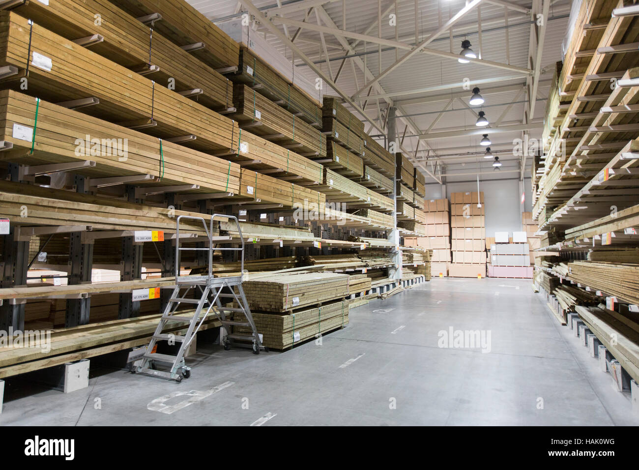 warehouse with variety of timber for construction and repair Stock Photo