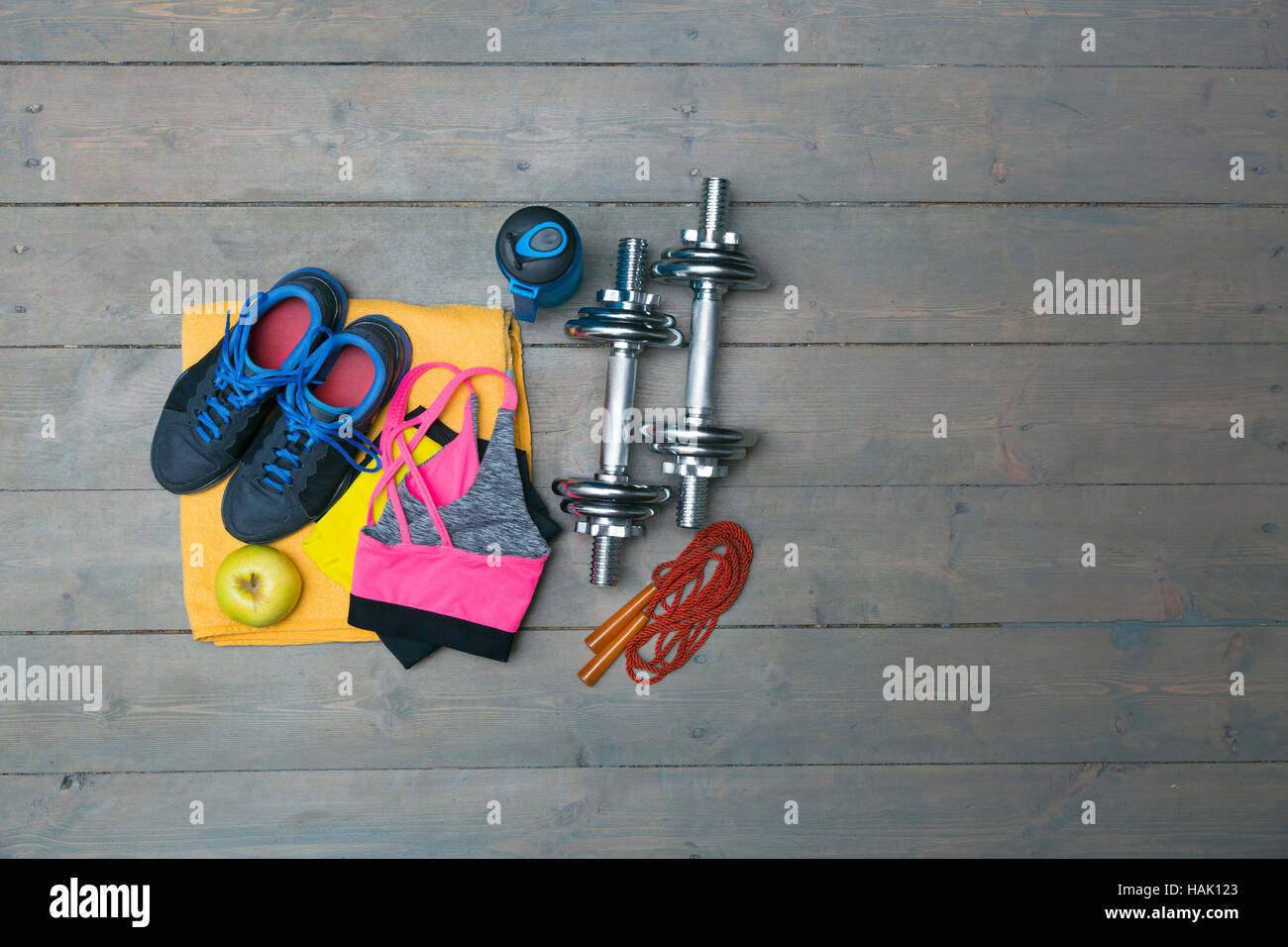 fitness equipment with copy space on gray wooden plank floor Stock Photo