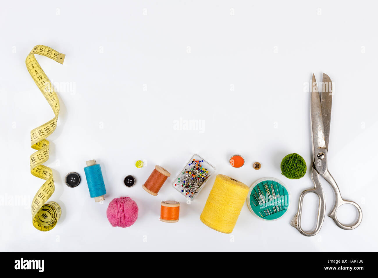 sewing accessories with copy space on white Stock Photo