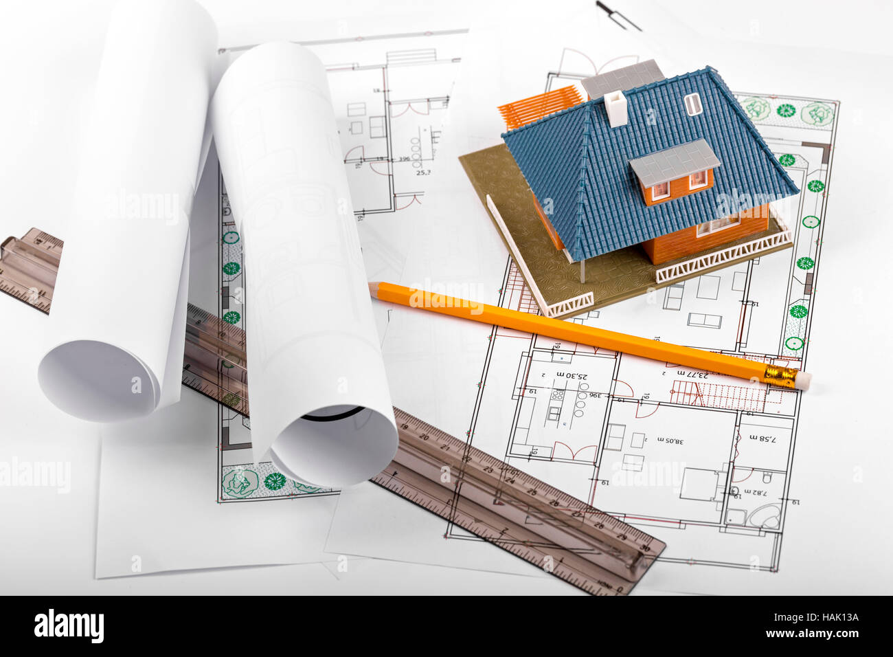 housing development, new real estate project, house on blueprints Stock Photo