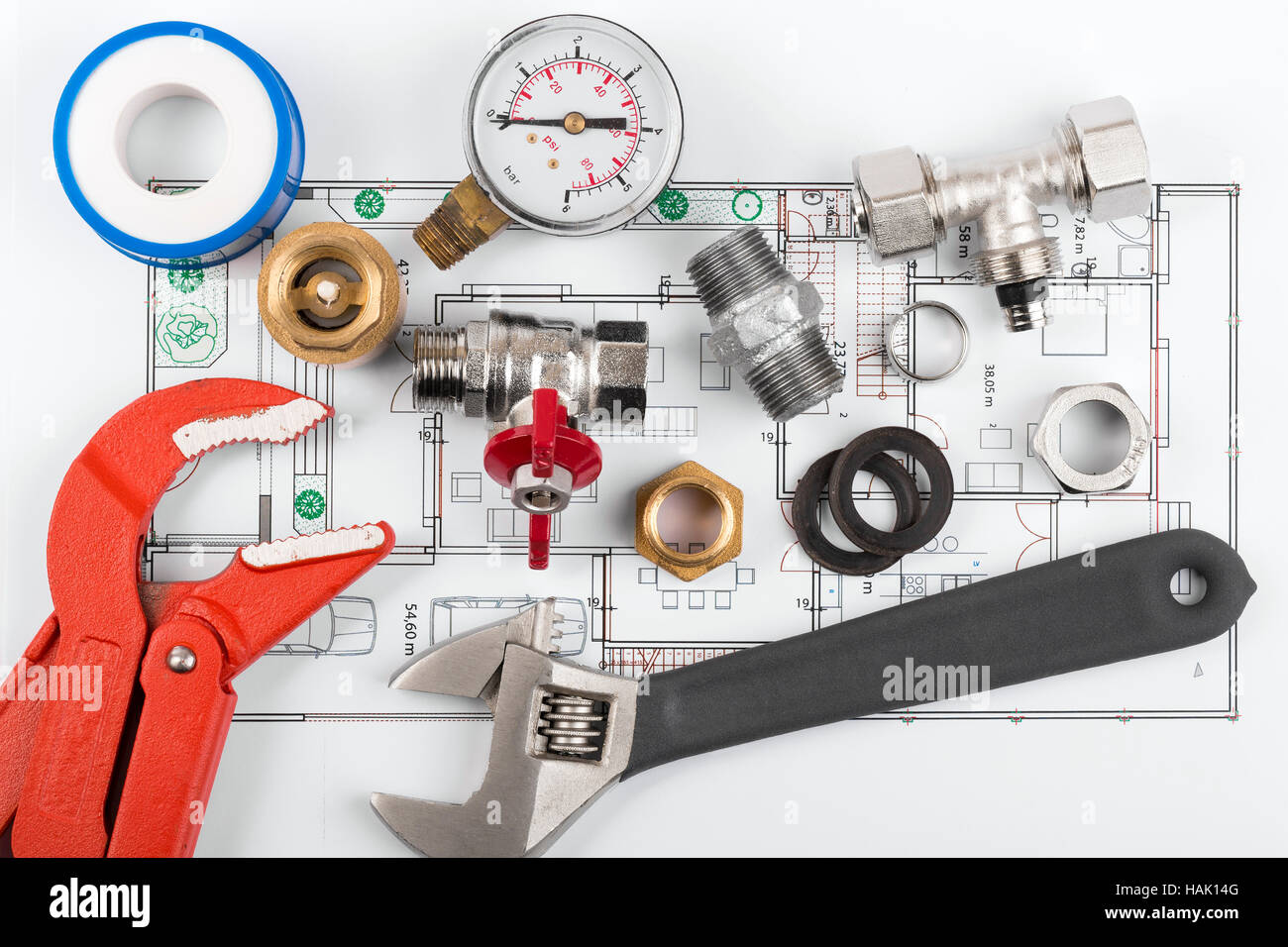 plumbing tools and equipment on blueprint Stock Photo
