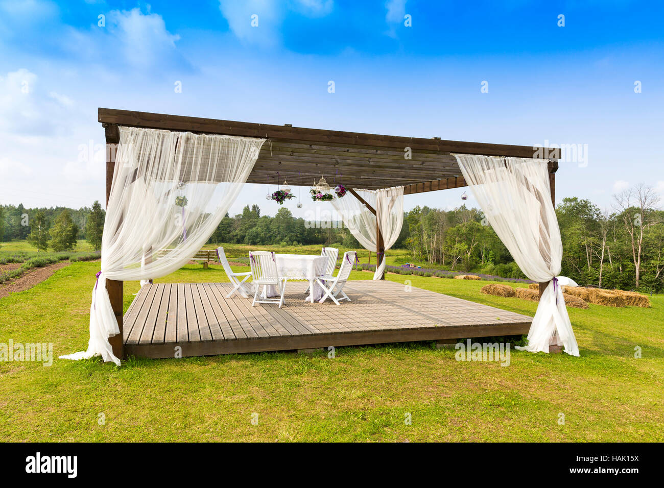 romantic tranquil scene with pergola on the hill Stock Photo