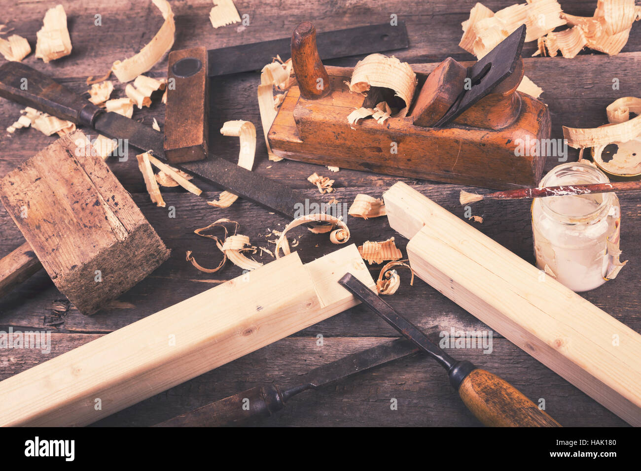 carpentry - vintage woodworking tools on wooden table Stock Photo