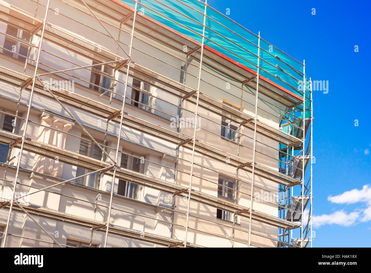 house exterior with scaffold - old town building facade restoration Stock Photo