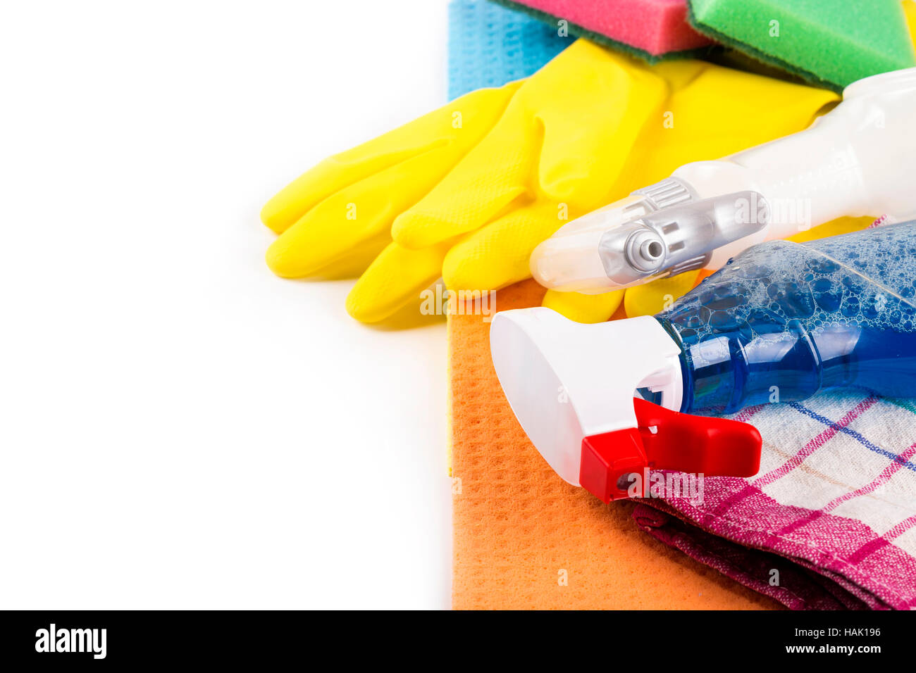 house cleaning products and equipment with copy space Stock Photo