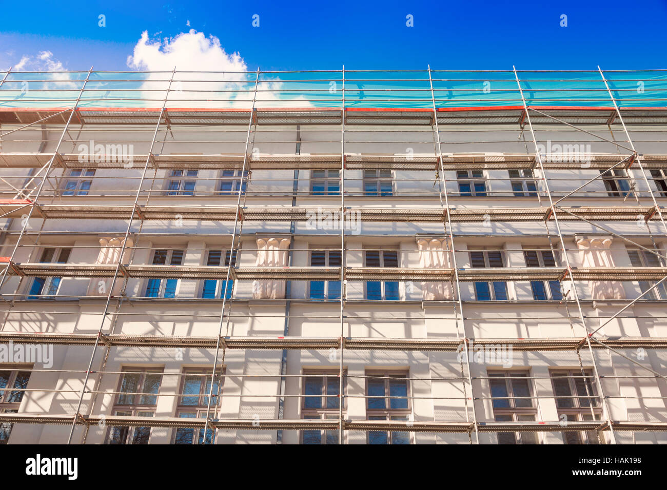 house exterior with scaffold - old town building facade restoration Stock Photo