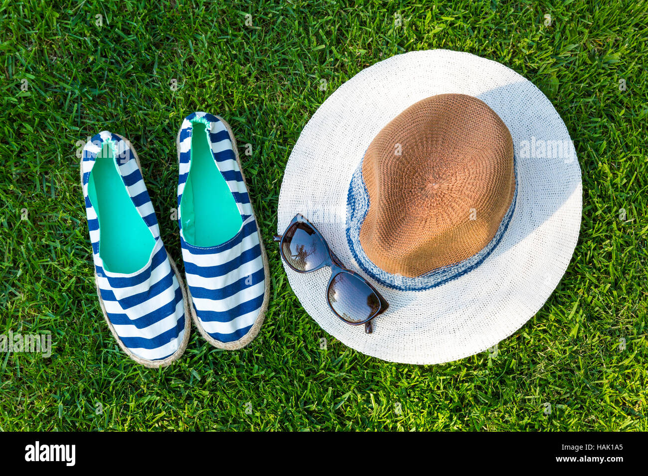 sailor style summer accessories on green grass Stock Photo