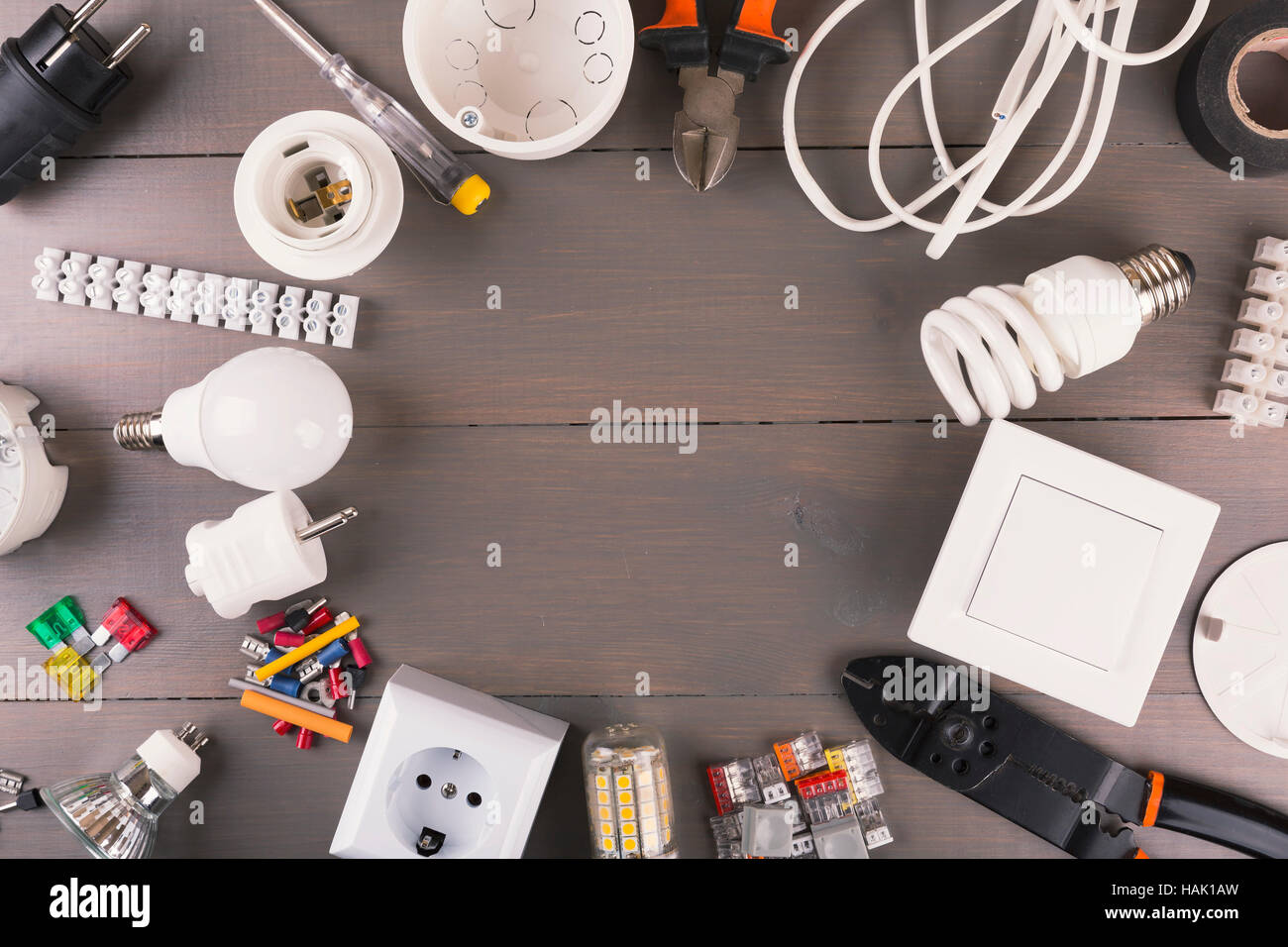 top view of electrical tools and equipment on wooden table Stock Photo