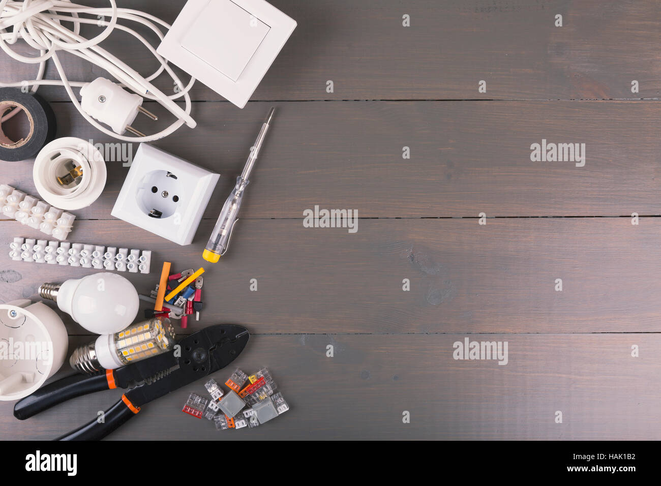 electrical tools and equipment on wooden table with copy space Stock Photo