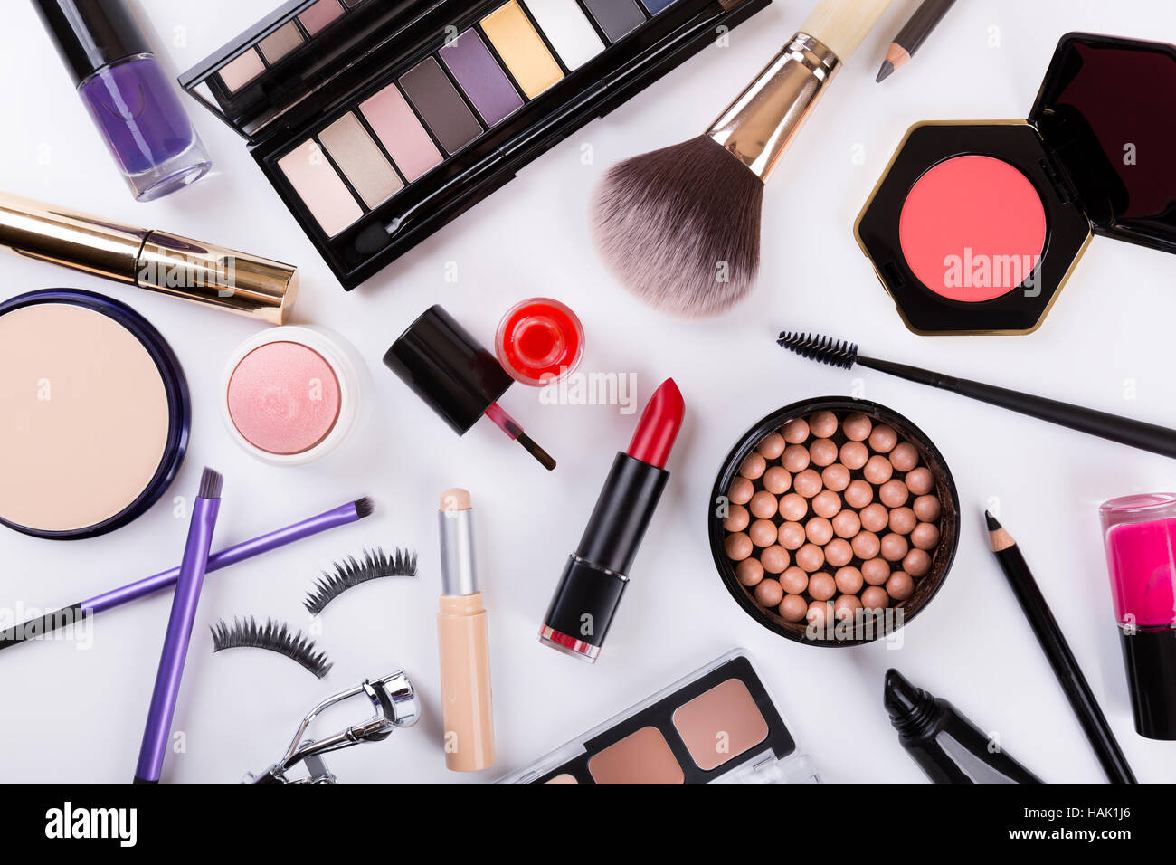 top view of makeup cosmetics set Stock Photo