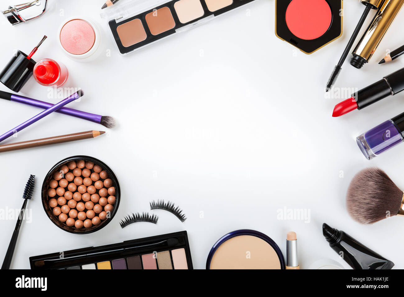 top view of cosmetics on white with copy space Stock Photo