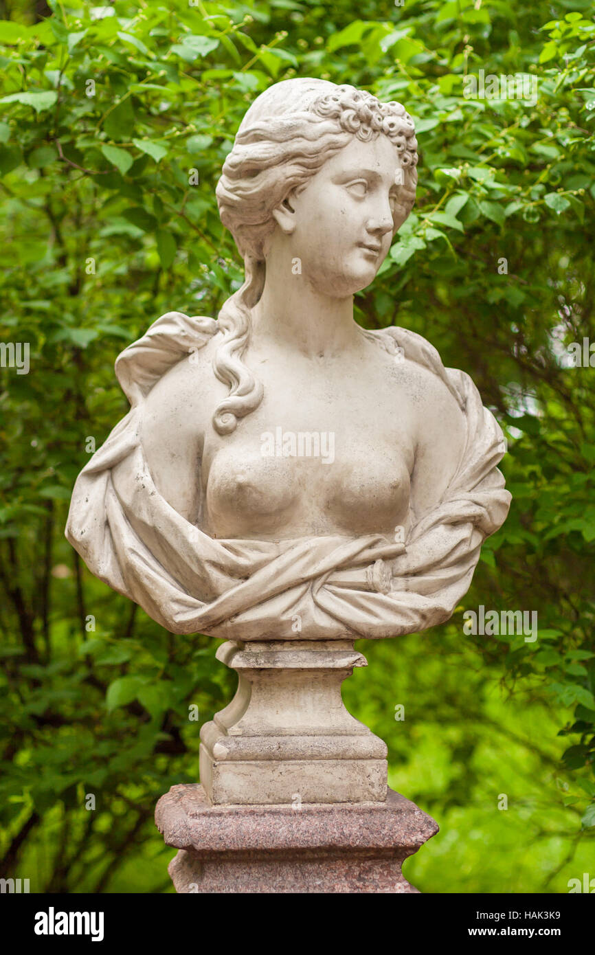 Sculptural bust of the Goddess Flora in the Summer Garden, St. Petersburg Stock Photo