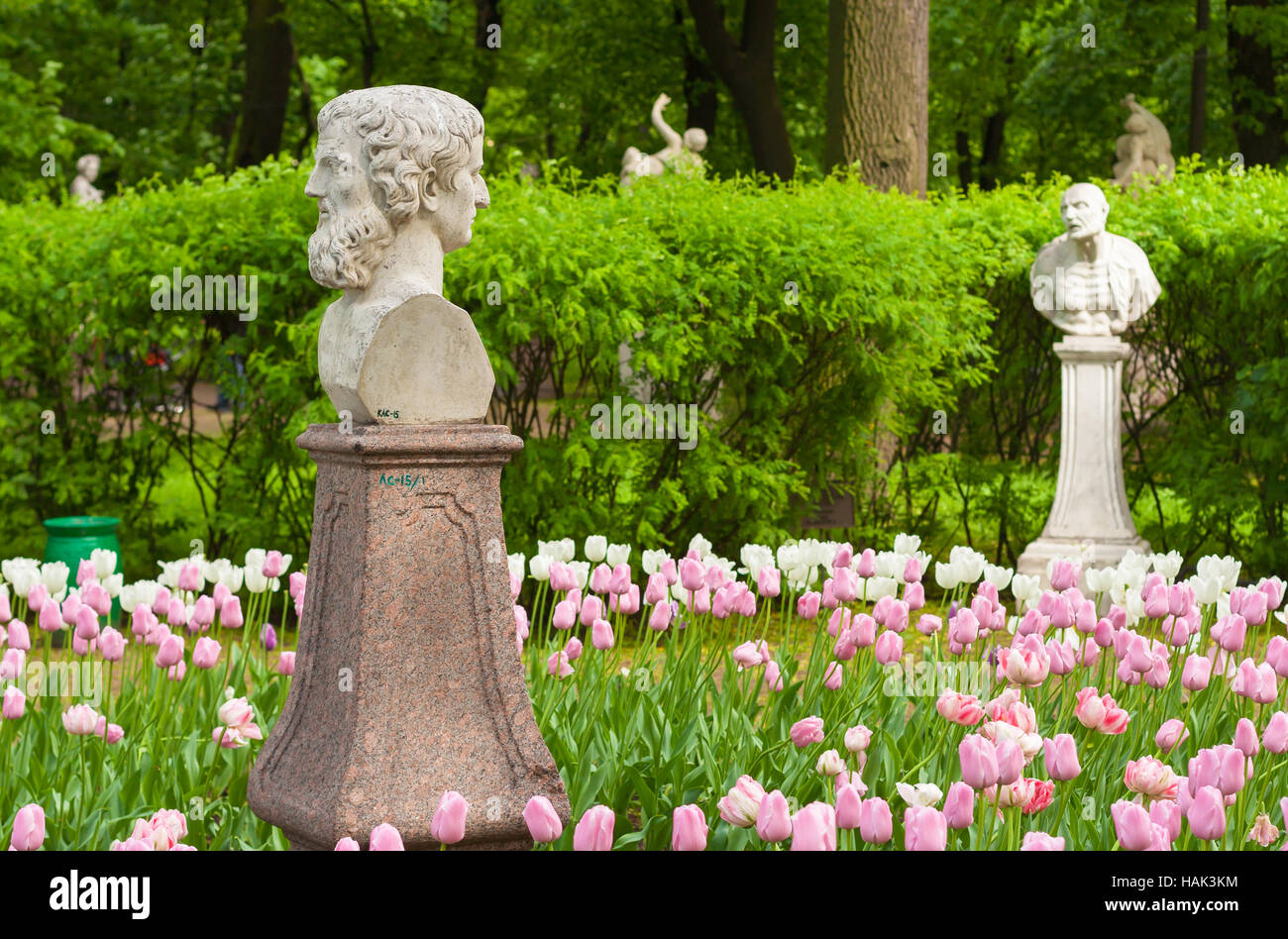 A bust of Janus in the Summer Garden of Saint Petersburg Stock Photo