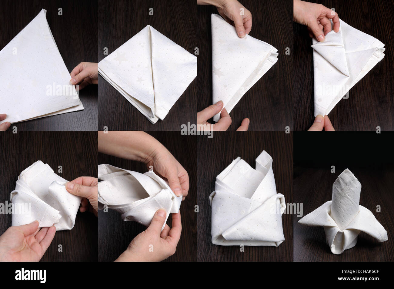 Instructions on how to fold a napkin in stages Stock Photo Alamy