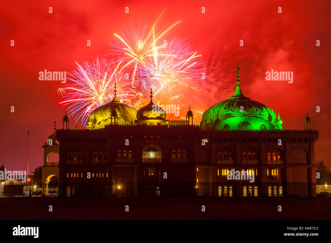 Fire works behind the Seikh temple Gravesend Kent. Stock Photo