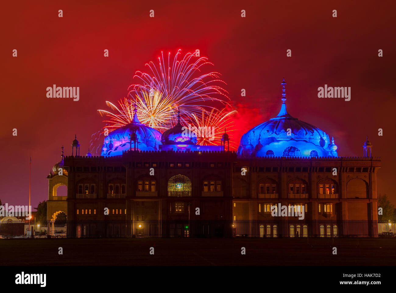 Fire works behind the Seikh temple Gravesend Kent. Stock Photo