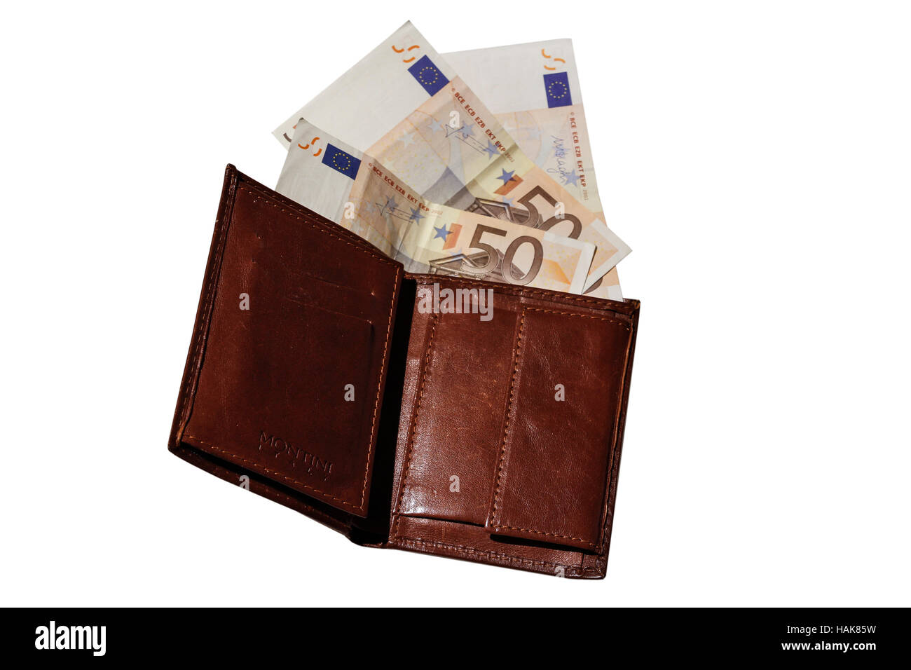 Money and a wallet with a white background Stock Photo