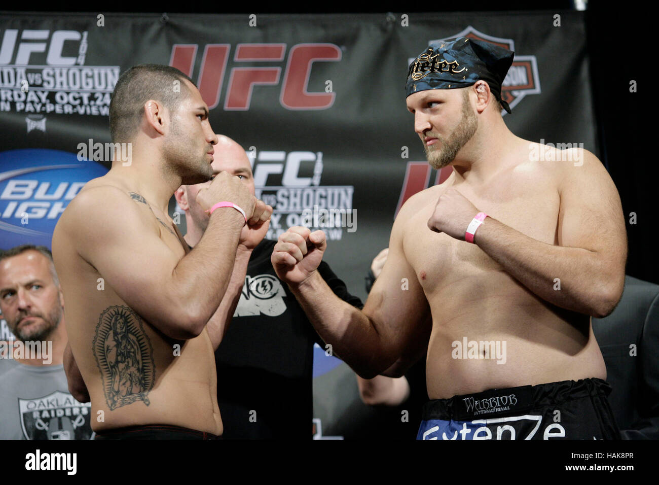 Cain Velasquez, left, and Ben Rothwell pose at the UFC 104 Weigh-Ins in Los Angeles, California on October 23, 2009. Photo by Francis Specker Stock Photo