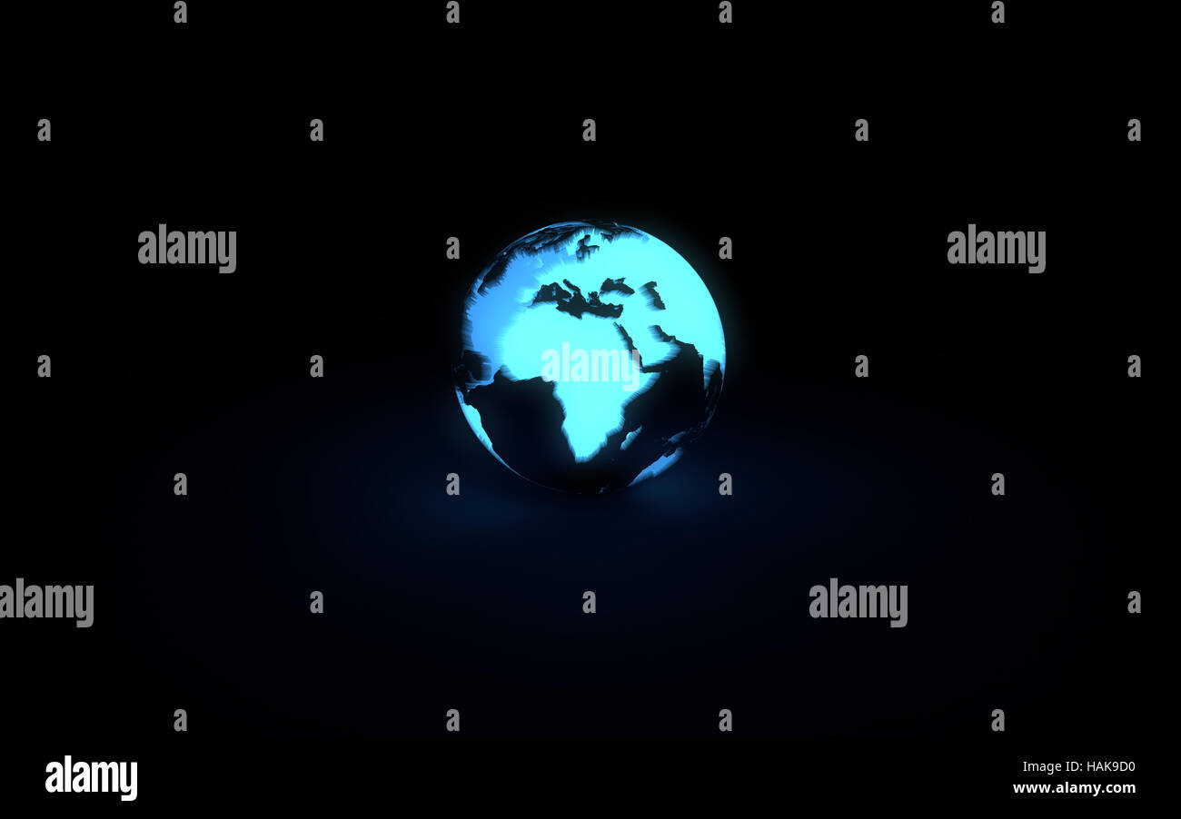 Abstract 3d model of blue glowing earth globe on black background ...