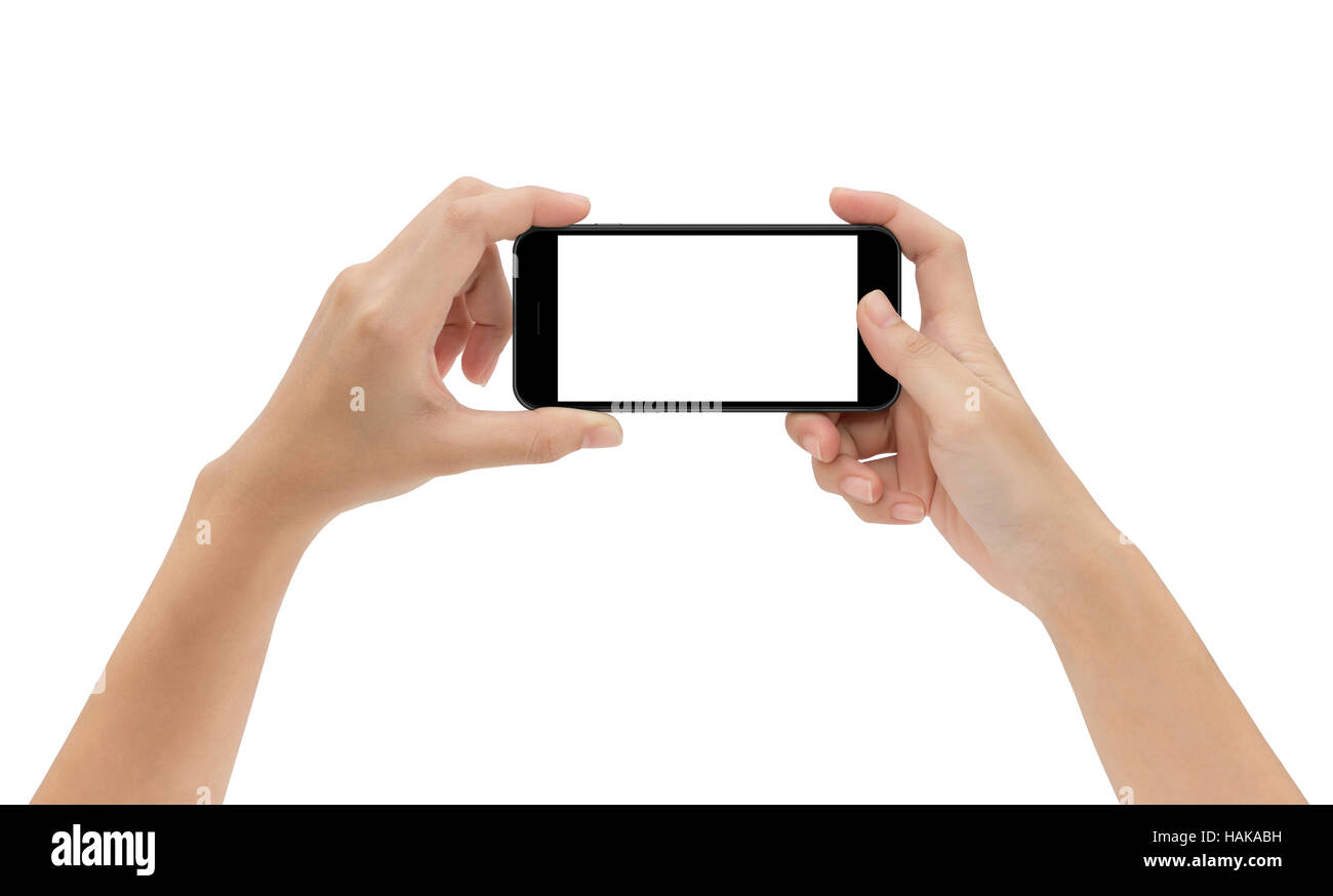 hand holding phone isolated on white background, mock-up smart phone matte black color Stock Photo